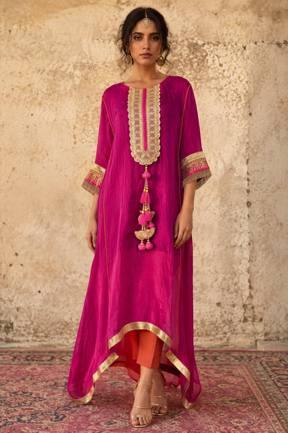 PINK SILK TISSUE KAFTAN SET