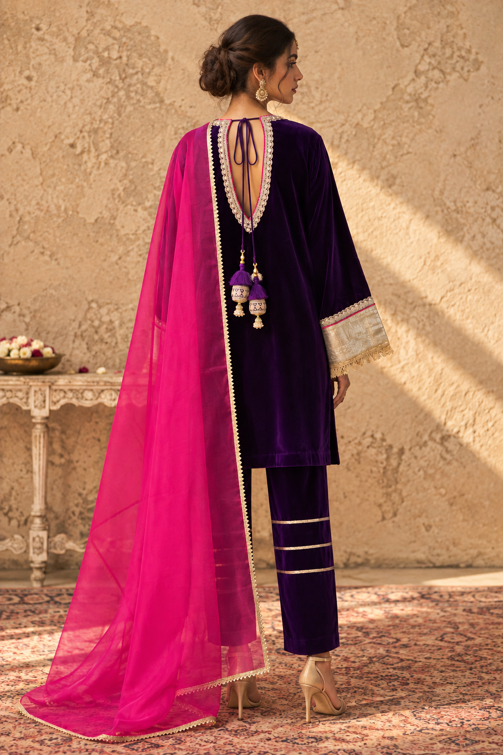 JAMUN VELVET KURTA PYJAMA WITH PINK DUPATTA