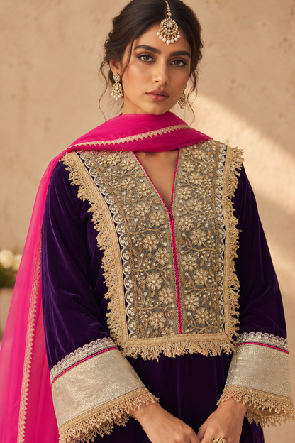 JAMUN VELVET KURTA PYJAMA WITH PINK DUPATTA