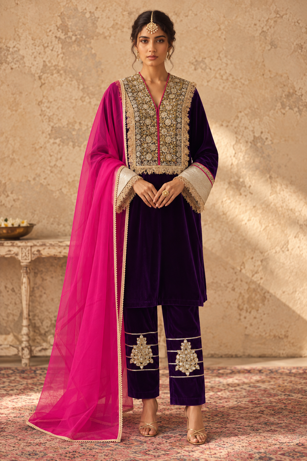 JAMUN VELVET KURTA PYJAMA WITH PINK DUPATTA
