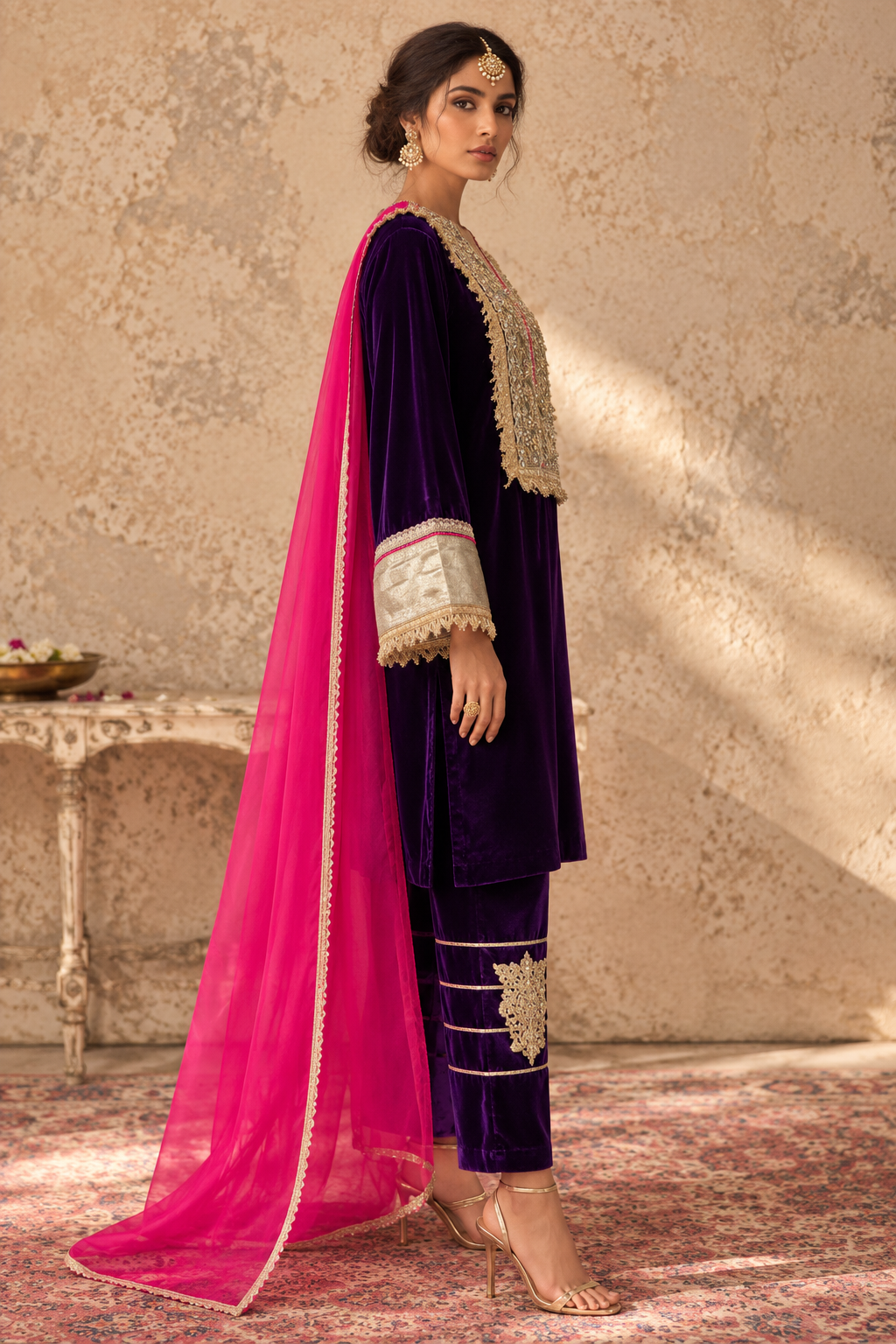 JAMUN VELVET KURTA PYJAMA WITH PINK DUPATTA