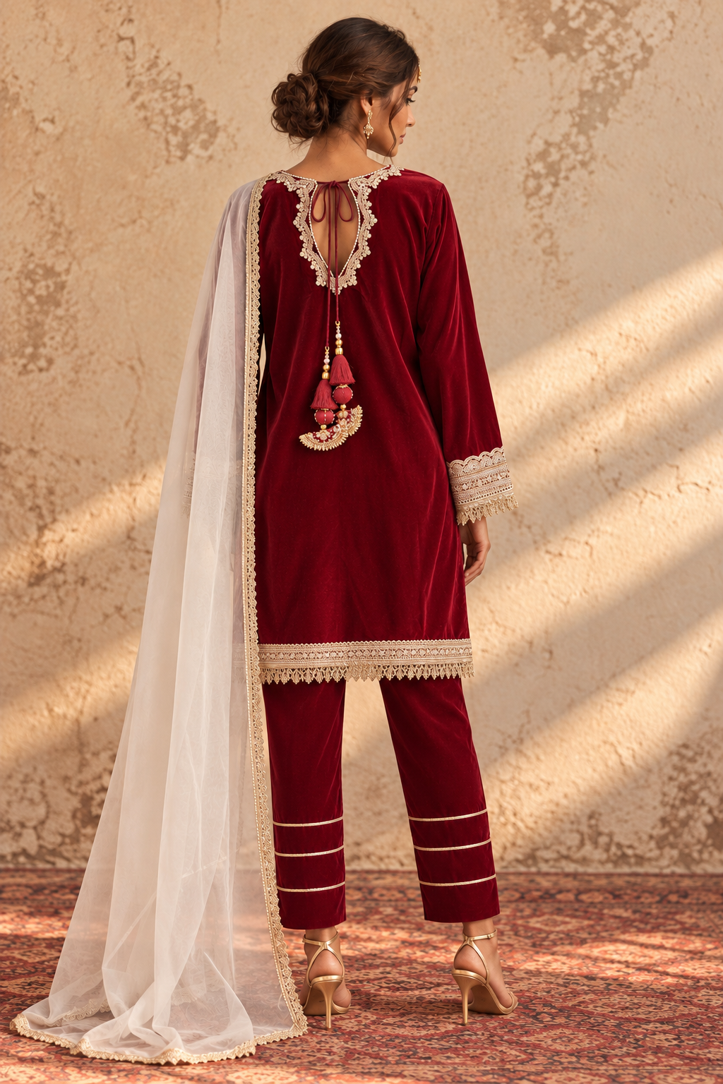 MAROON VELVET KURTA PYJAMA WITH OFF WHITE DUPATTA