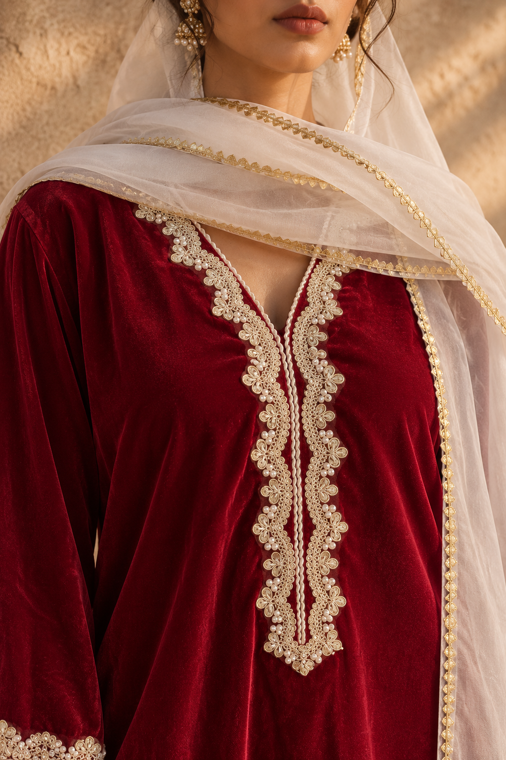 MAROON VELVET KURTA PYJAMA WITH OFF WHITE DUPATTA