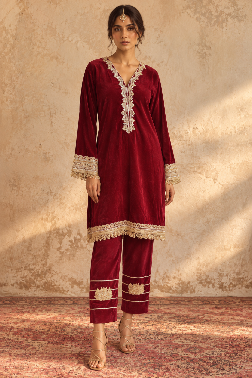 MAROON VELVET KURTA PYJAMA WITH OFF WHITE DUPATTA