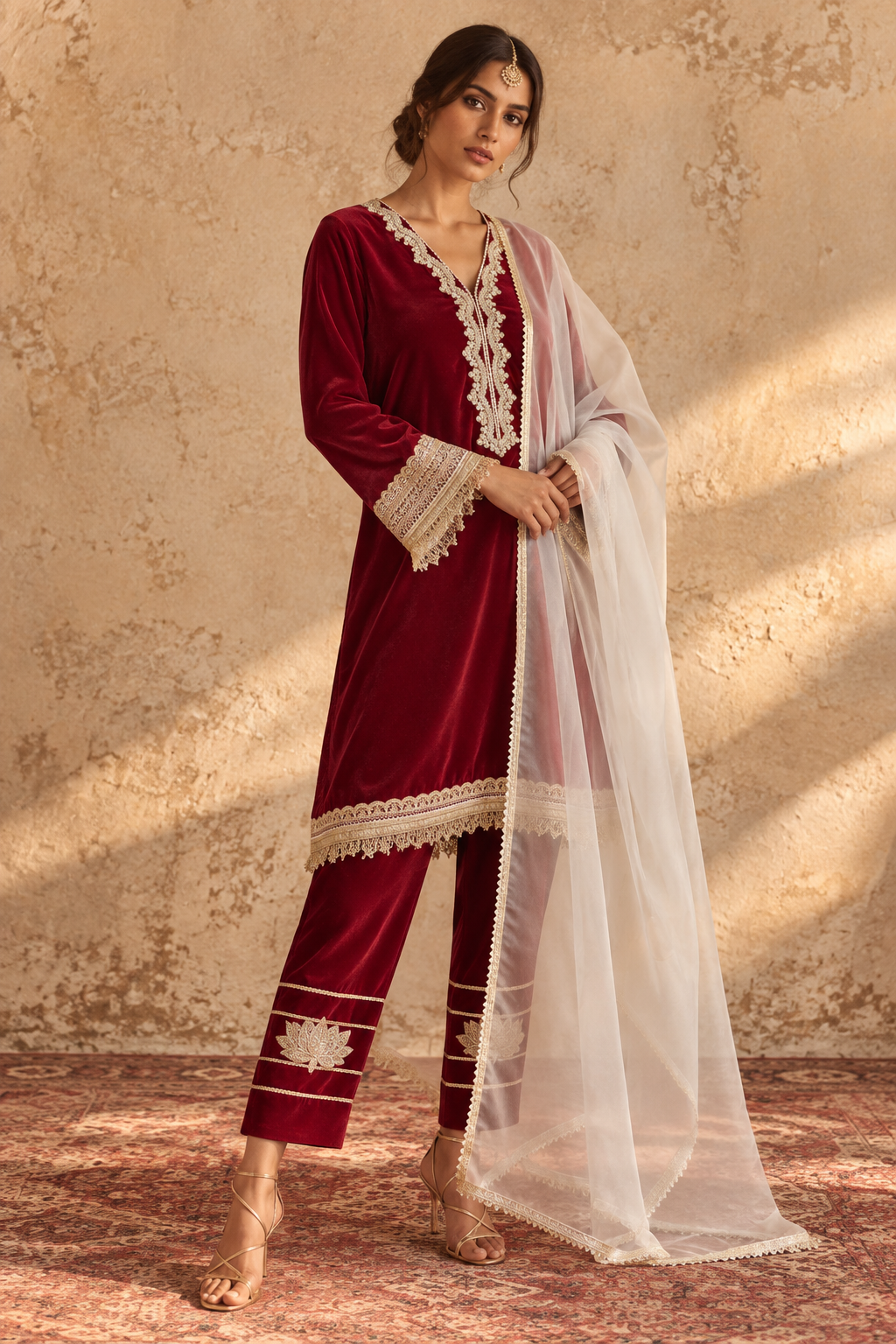 MAROON VELVET KURTA PYJAMA WITH OFF WHITE DUPATTA