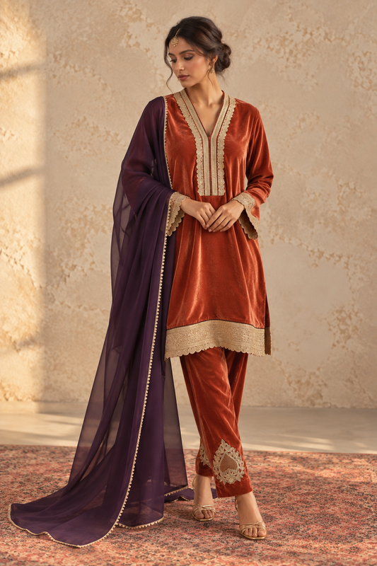PEACH VELVET KURTA PYJAMA WITH PURPLE DUPATTA