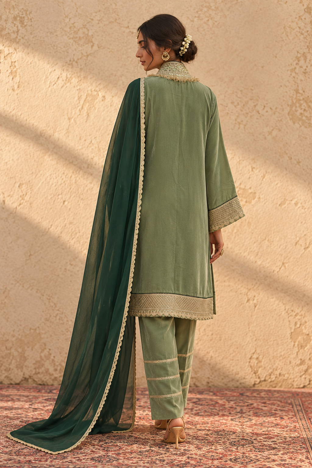 PISTA VELVET KURTA PYJAMA WITH GREEN DUPATTA