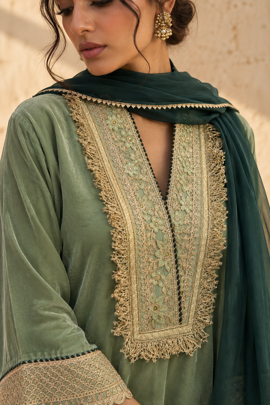 PISTA VELVET KURTA PYJAMA WITH GREEN DUPATTA