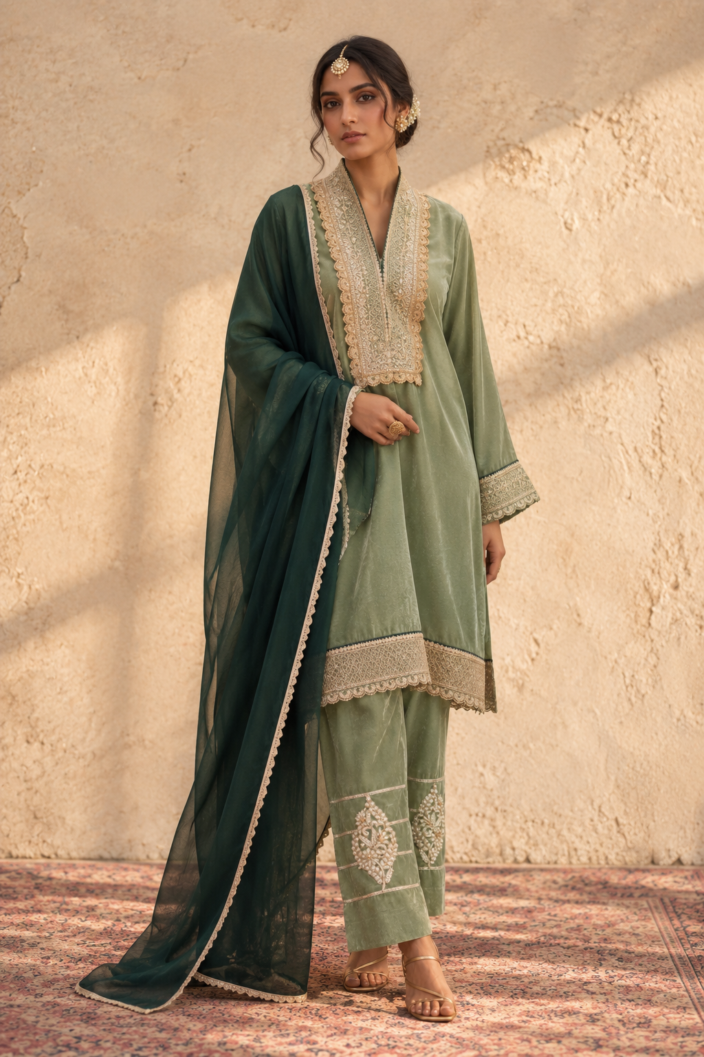 PISTA VELVET KURTA PYJAMA WITH GREEN DUPATTA