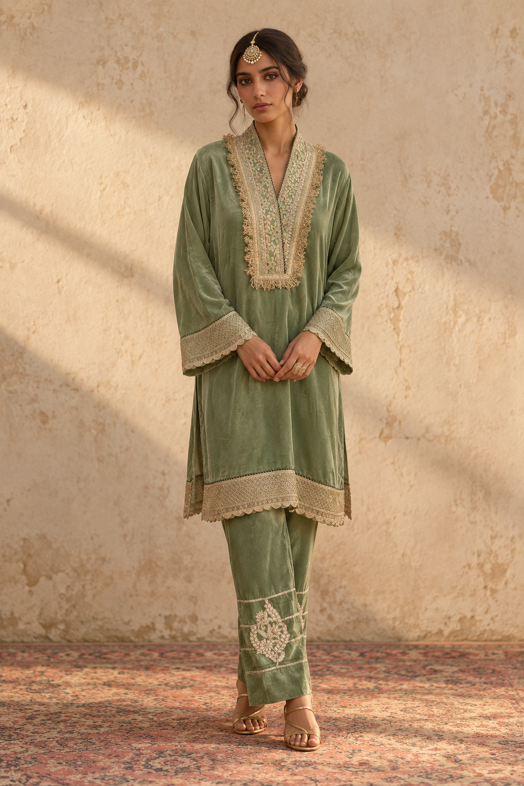 PISTA VELVET KURTA PYJAMA WITH GREEN DUPATTA