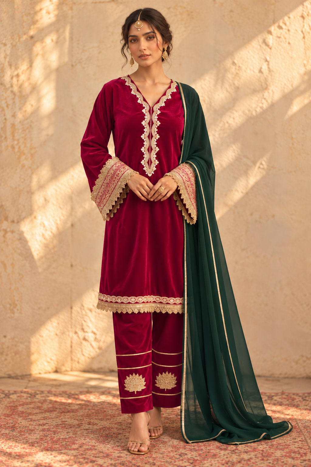 RANI VELVET KURTA PYJAMA WITH GREEN DUPATTA