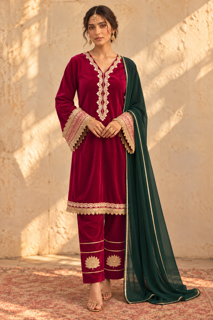 RANI VELVET KURTA PYJAMA WITH GREEN DUPATTA