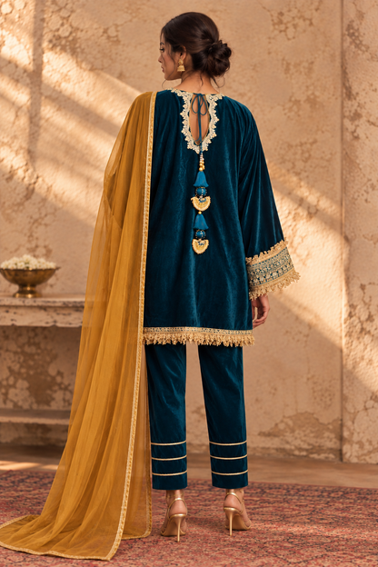 RAMA VELVET KURTA PYJAMA WITH  OCHRE DUPATTA