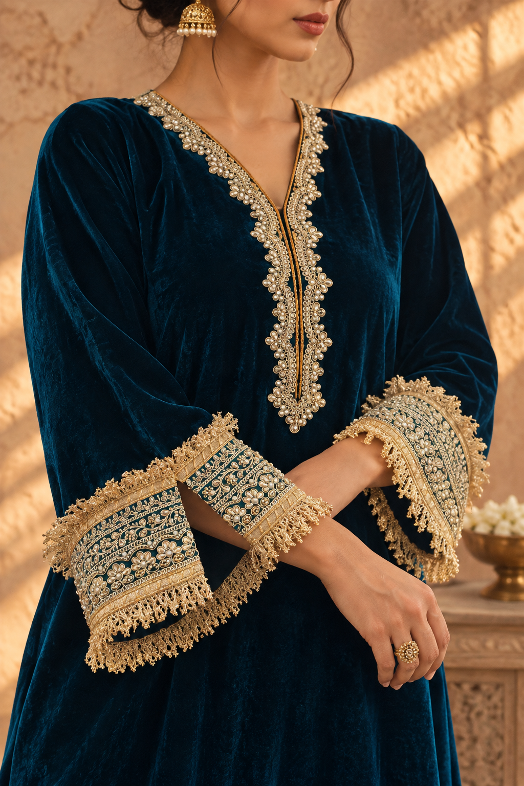 RAMA VELVET KURTA PYJAMA WITH  OCHRE DUPATTA