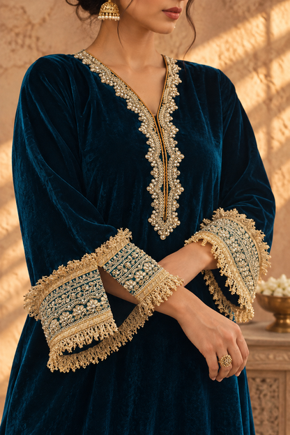 RAMA VELVET KURTA PYJAMA WITH  OCHRE DUPATTA