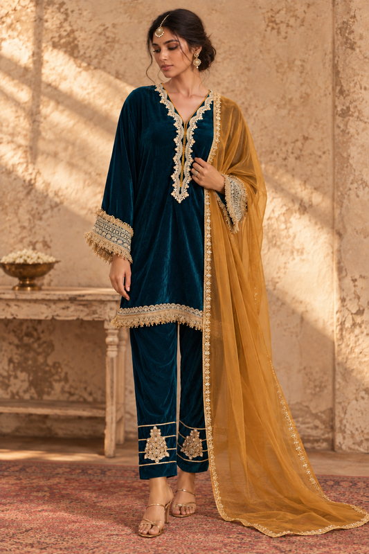 RAMA VELVET KURTA PYJAMA WITH  OCHRE DUPATTA