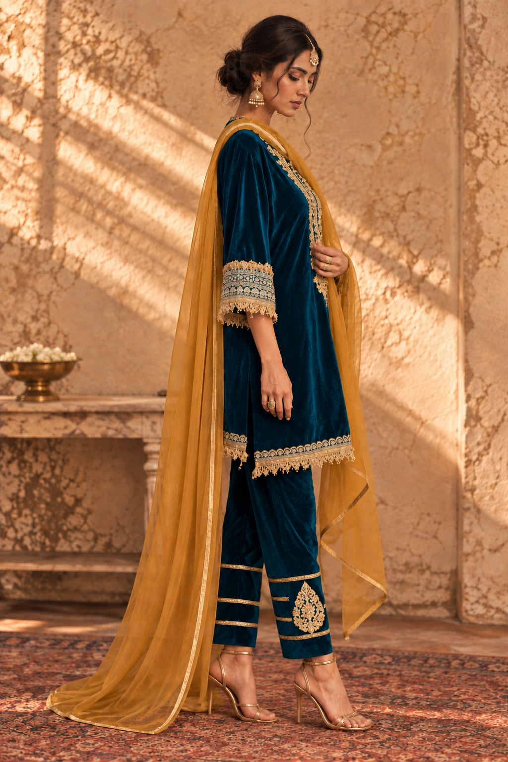 RAMA VELVET KURTA PYJAMA WITH  OCHRE DUPATTA