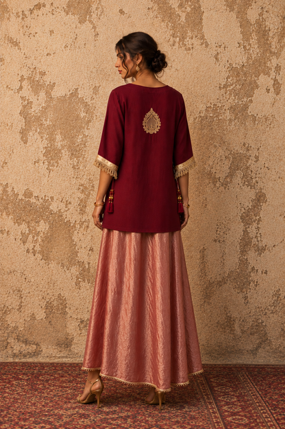 MAROON RED GOLD TIE UP KAFTAN SET