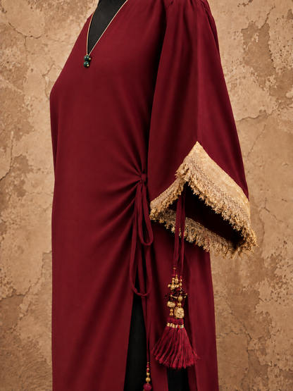 MAROON RED GOLD TIE UP KAFTAN SET