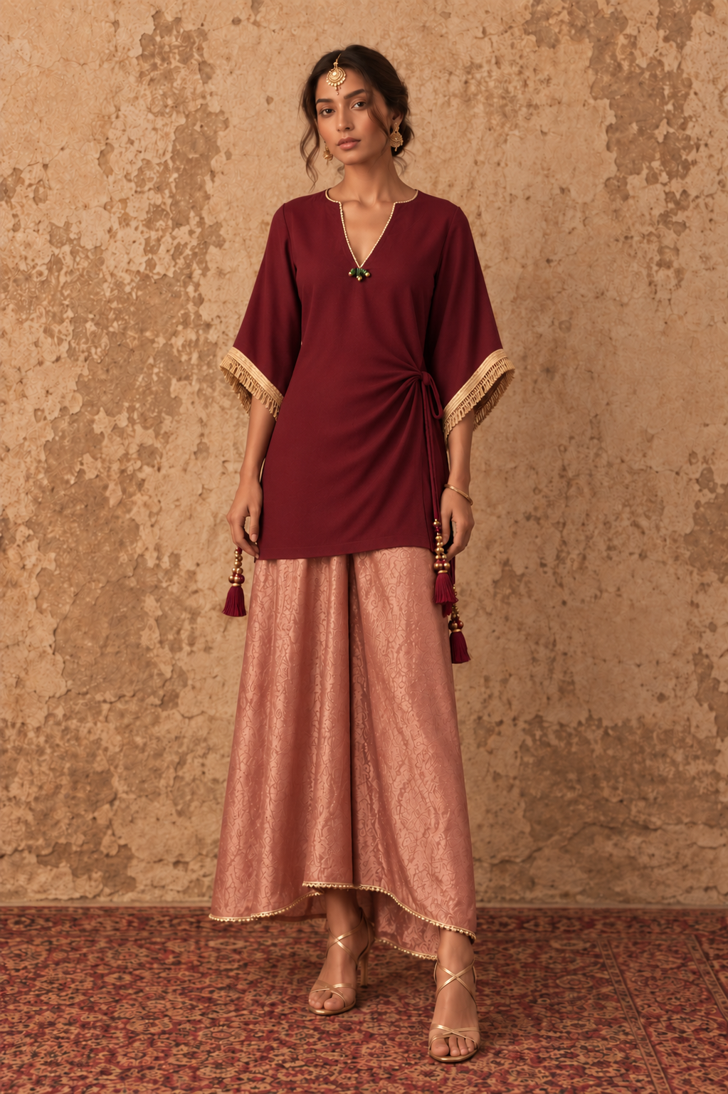 MAROON RED GOLD TIE UP KAFTAN SET