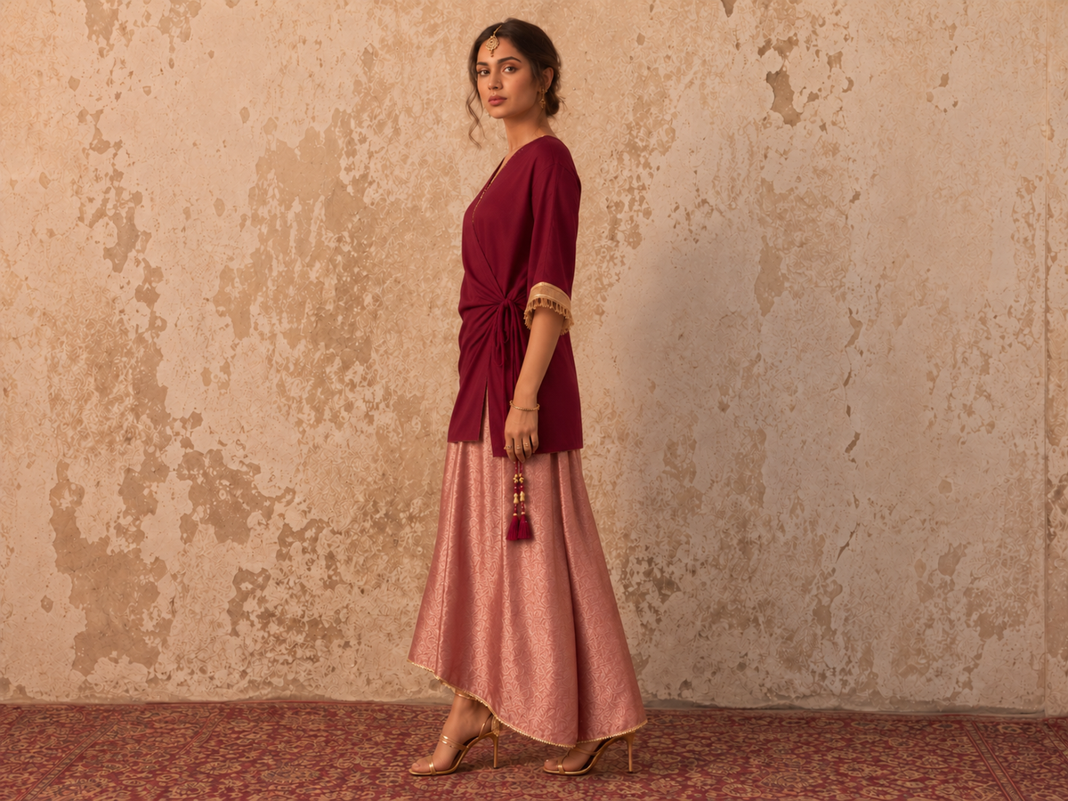 MAROON RED GOLD TIE UP KAFTAN SET