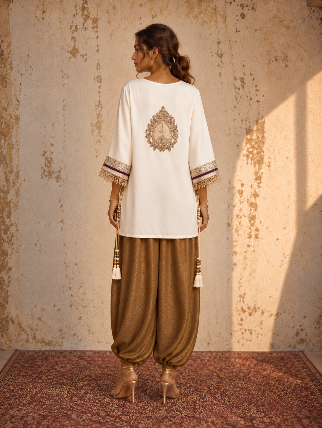 OFF WHITE BROWN TIE UP KAFTAN SET