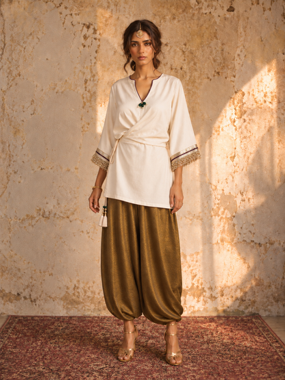 OFF WHITE BROWN TIE UP KAFTAN SET