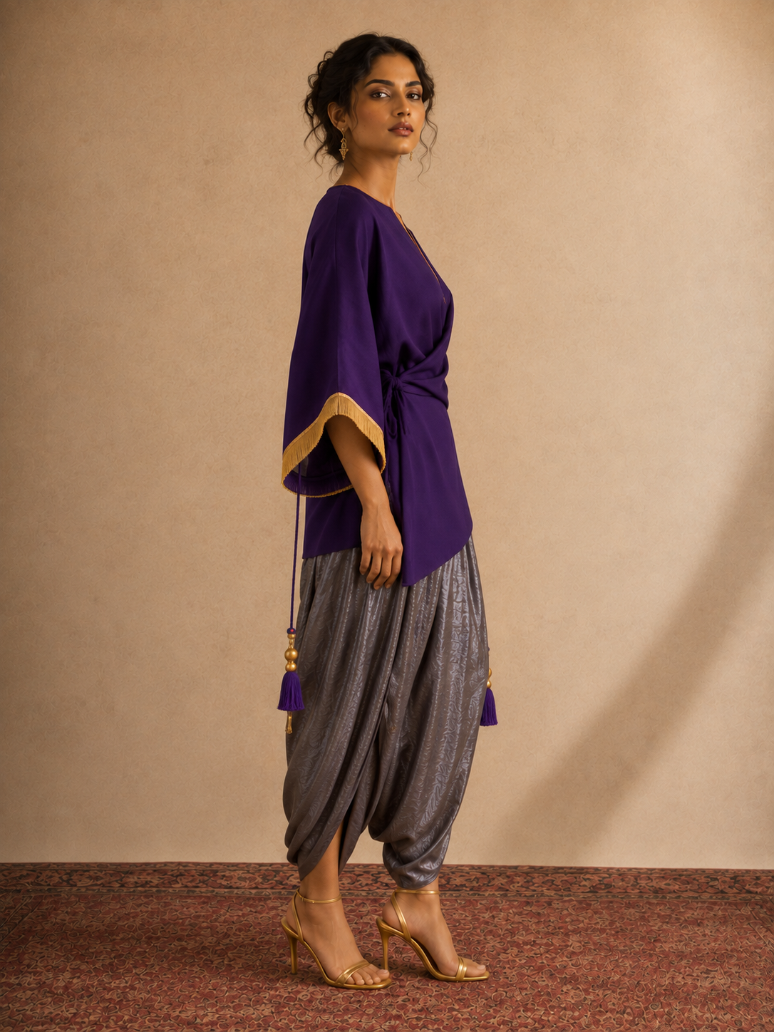 PURPLE LAVENDER GOLD TIE UP KAFTAN SET