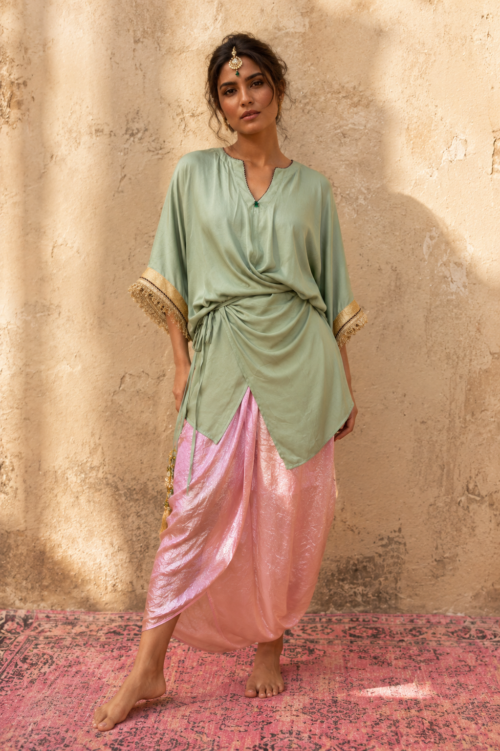 PISTA PINK TIE UP KAFTAN SET