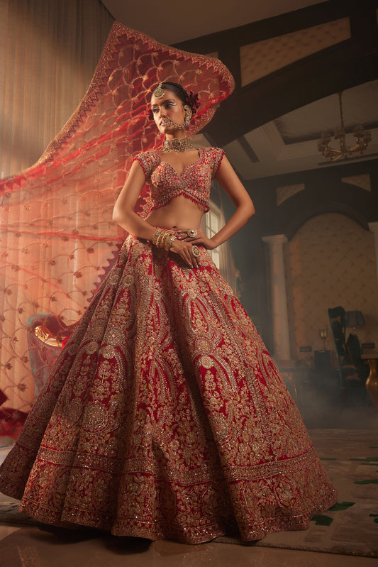 ALLURING RED HEAVILY EMBROIDERED LEHENGA