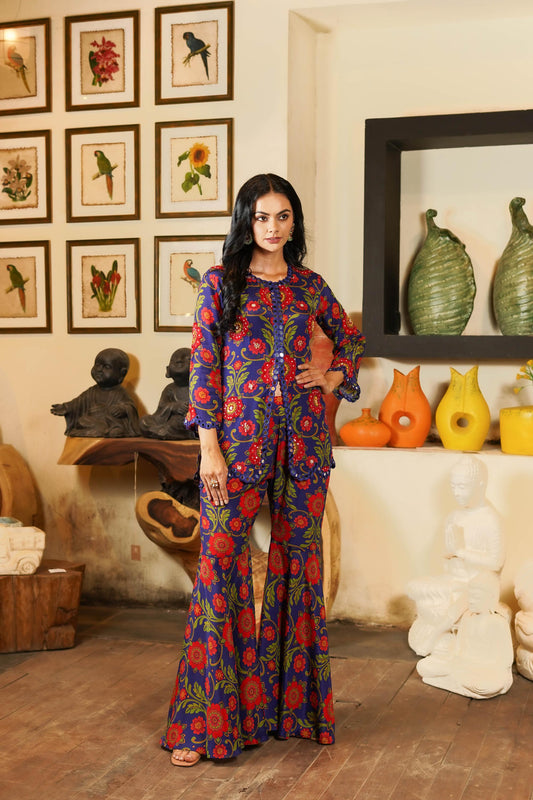 ANAM BLUE SHARARA PANT & SHORT KURTA