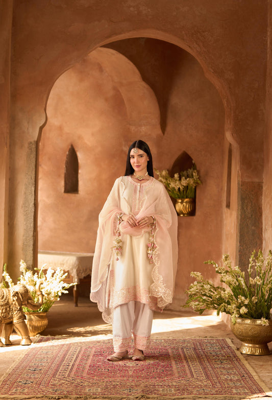 ANAM - DAISY IVORY WITH PINK A-LINE KURTA WITH SALWAR AND DUPATTA
