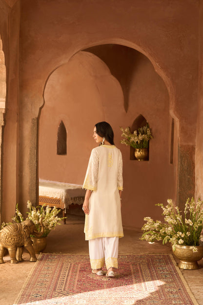 ANAM - DAISY IVORY WITH LEMON YELLOW A-LINE KURTA WITH SALWAR AND DUPATTA