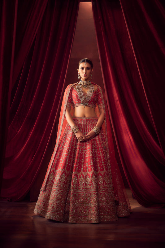 RED RAW SILK EMBROIDERED LEHENGA SET