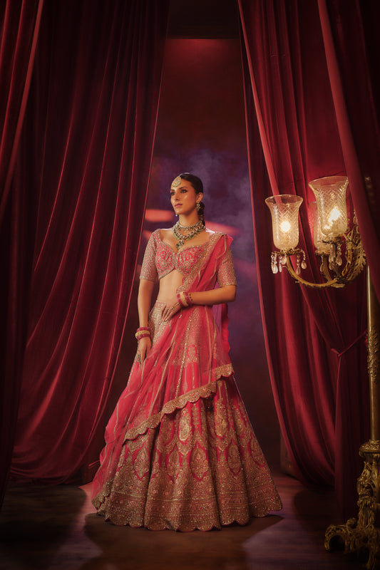 CHERRY RED RAW SILK EMBROIDERED LEHENGA SET