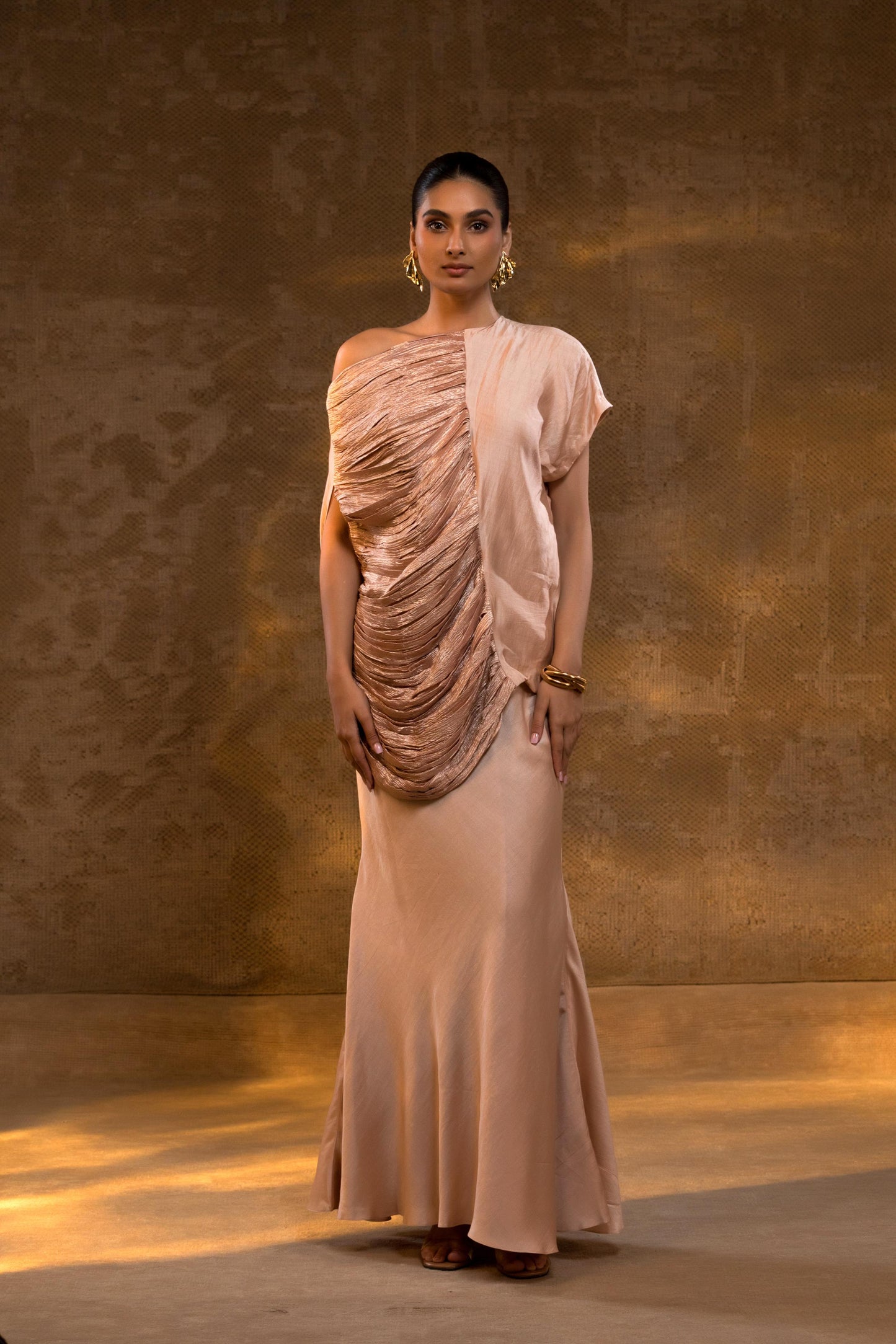 AGNEYA SILK ONE SHOULDER DRAPED SKIRT SET