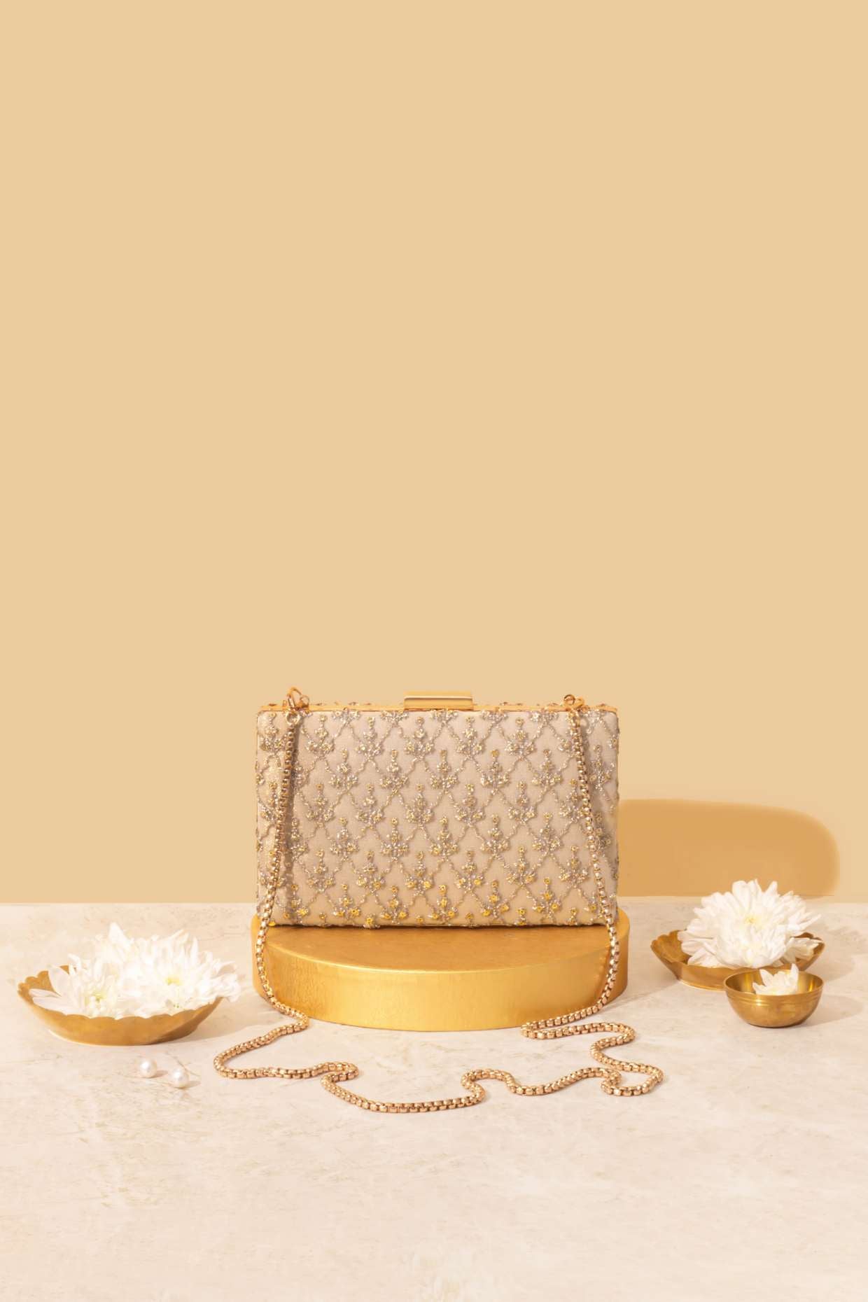 ANYA EMBROIDERED BOX CLUTCH - GOLD