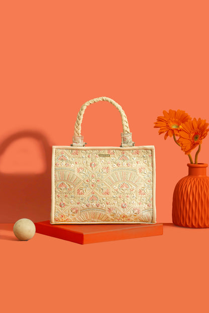 ASTRA THREAD EMBROIDERED HANDBAG - BEIGE