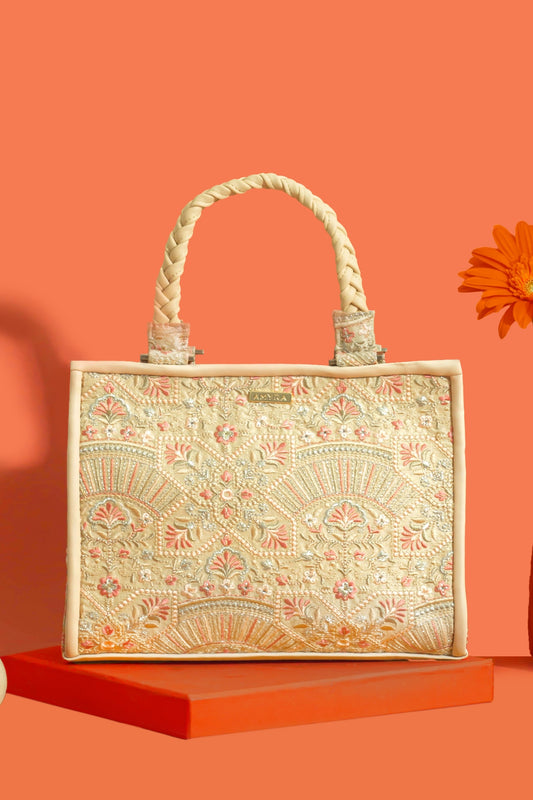 ASTRA THREAD EMBROIDERED HANDBAG - BEIGE
