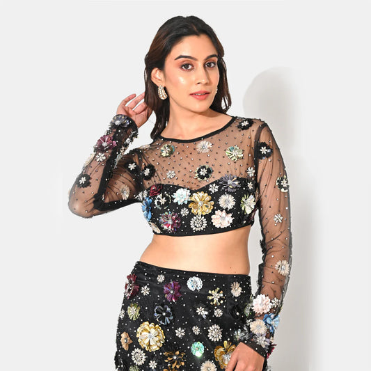 CHARLOTTE BLACK FLORAL SEQUIN EMBELLISHED  FULL SLEEVE TOP