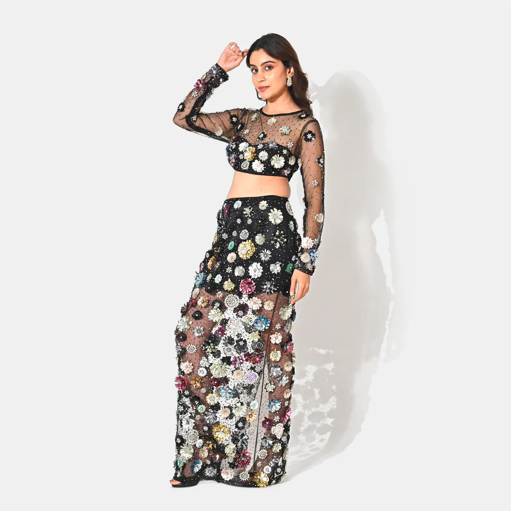 FULL SLEEVE CHARLOTTE BLACK FLORAL SEQUIN EMBELLISHED MAXI CO-ORD SET
