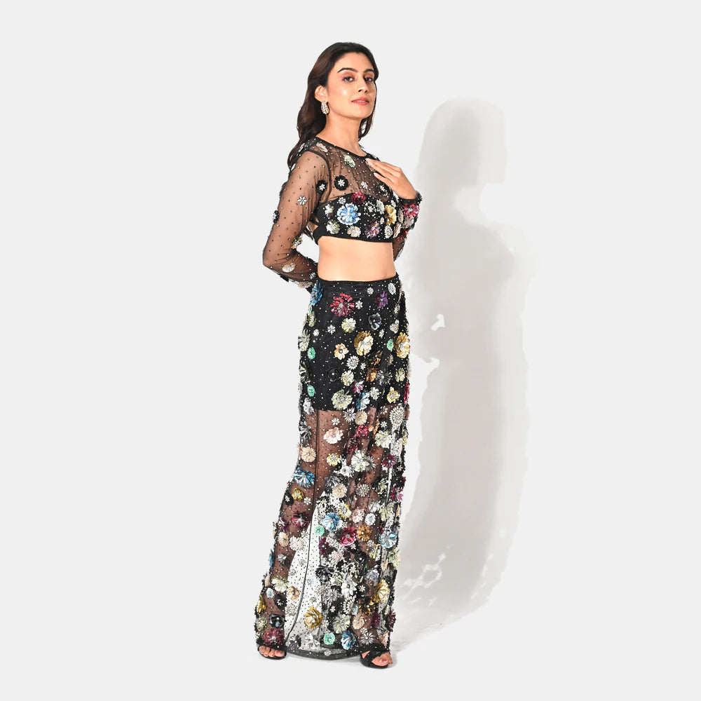 CHARLOTTE BLACK FLORAL SEQUIN EMBELLISHED  FULL SLEEVE TOP