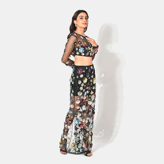 FULL SLEEVE CHARLOTTE BLACK FLORAL SEQUIN EMBELLISHED MAXI CO-ORD SET