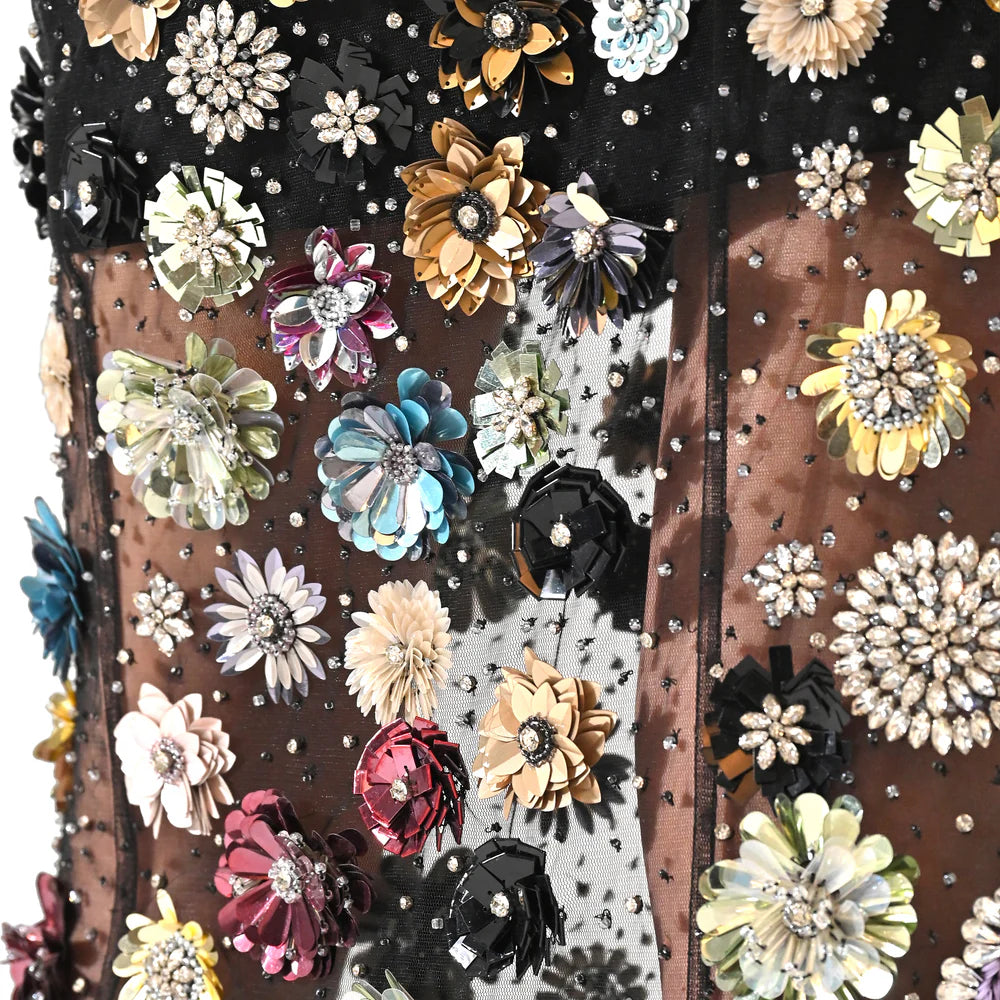 FULL SLEEVE CHARLOTTE BLACK FLORAL SEQUIN EMBELLISHED MAXI CO-ORD SET