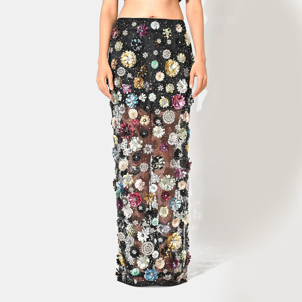 CHARLOTTE BLACK FLORAL SEQUIN EMBELLISHED MAXI SKIRT