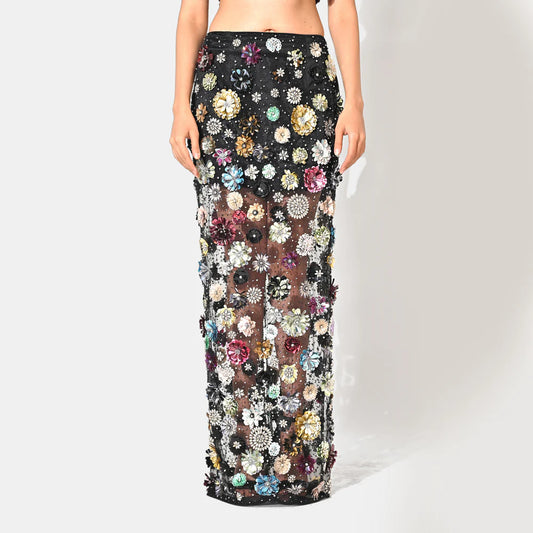 CHARLOTTE BLACK FLORAL SEQUIN EMBELLISHED MAXI SKIRT