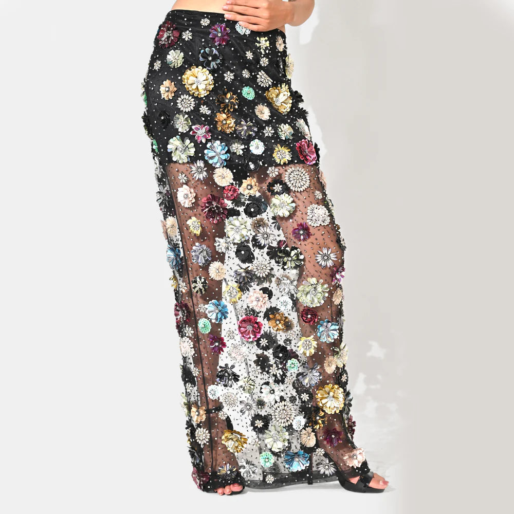 CHARLOTTE BLACK FLORAL SEQUIN EMBELLISHED MAXI SKIRT