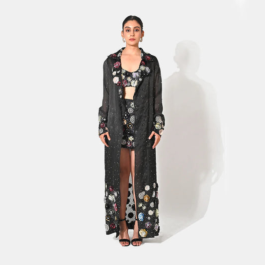 CHARLOTTE BLACK FLORAL SEQUIN EMBELLISHED TRENCH CO-ORD SET