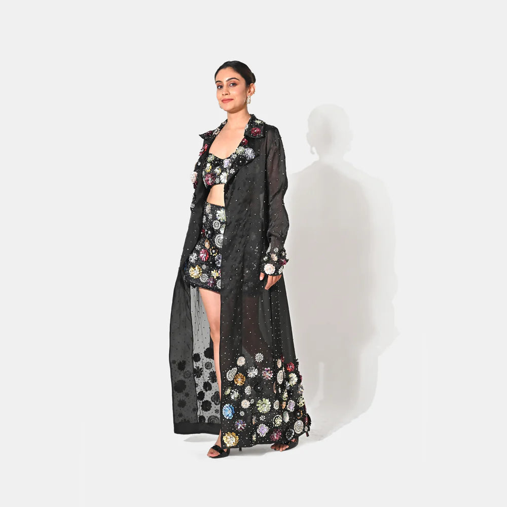 CHARLOTTE BLACK FLORAL SEQUIN EMBELLISHED TRENCH CO-ORD SET