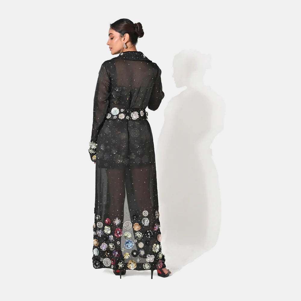 CHARLOTTE BLACK FLORAL SEQUIN EMBELLISHED TRENCH COAT